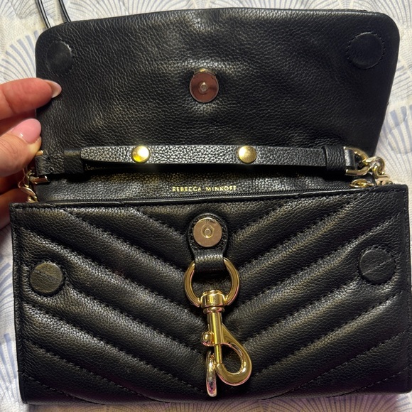 Rebecca Minkoff Quilted Leather Wallet on Chain Crossbody Black Gold - Picture 4 of 9